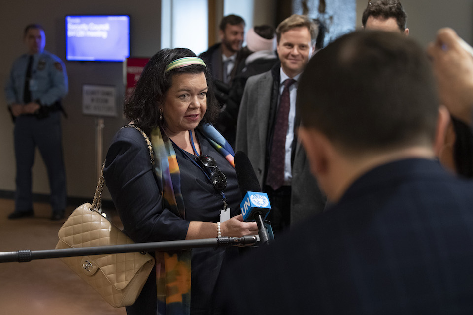 Karen Pierce, Permanent Representative of the United Kingdom to the UN, briefs press outside the Security Council. (UN Photo)