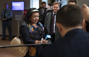 Karen Pierce, Permanent Representative of the United Kingdom to the UN, briefs press outside the Security Council. (UN Photo)