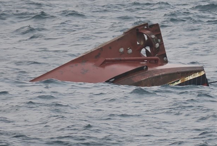 Upturned hull of Solstice, photograph taken the day after the accident