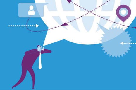 Graphic showing a man with a speech bubble in the shape of a globe coming out of his mouth, circled by arrows and cogs