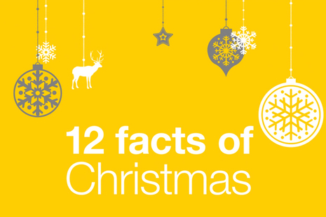 Title of 12 facts of Christmas against a yellow background with Christmas decorations.