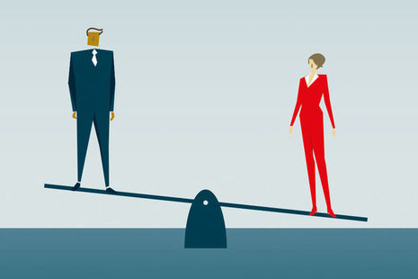 Cartoon of a man and woman standing at opposite ends of a see-saw