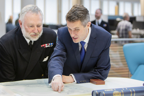Defence Secretary Gavin Williamson with Rear Admiral Tim Lowe at the UKHO