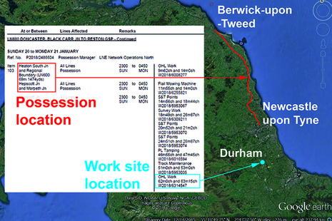 Map and extract from the Weekly Operating Notice showing extent of possession and location of work site