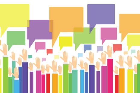 Graphic of different colour hands up with different colour speech bubbles.