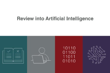 4 images connected to the theme of artificial intelligence, including person sitting at a computer.