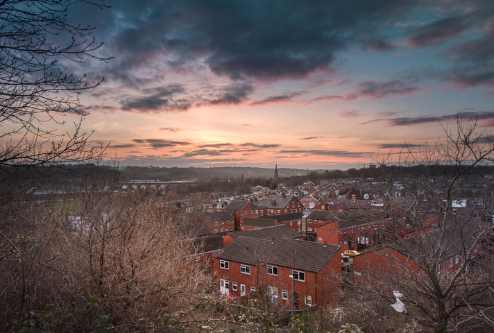 A low-angle aerial shot of a street in Leeds.