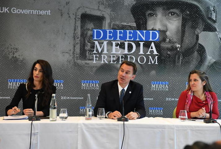 Amal Clooney and Jeremy Hunt on a panel about Media Freedom