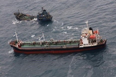 The North Korean-flagged tanker SAEBYOL, which was transmitting as a fishing boat, was spotted alongside a vessel of unknown nationality on the high seas, conducting a prohibited ship-to-ship transfer.