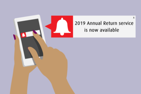 Alert message on a mobile phone. The 2019 Annual Return service is now available.