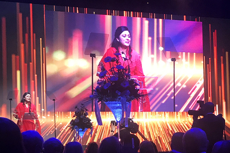 Picture of Nusrat Ghani speaking at the women in rail event.