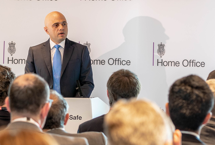 Home Secretary Sajid Javid giving a speech
