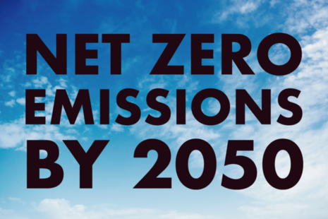 Picture of clouds with words "Net zero emissions by 2050"