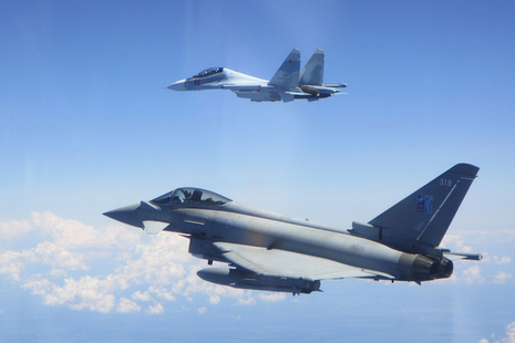 Image of a Russian SU-30 Flanker aircraft (top-centre) and an RAF Typhoon aircraft (bottom-centre), taken on Saturday 15 June 2019 over the Baltic Sea.