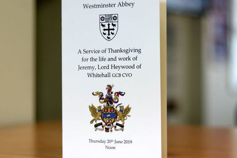 Front cover of the programme for the memorial service for Jeremy Heywood