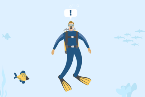 Illustration of a scuba diver underwater with a speech bubble containing an exclamation mark
