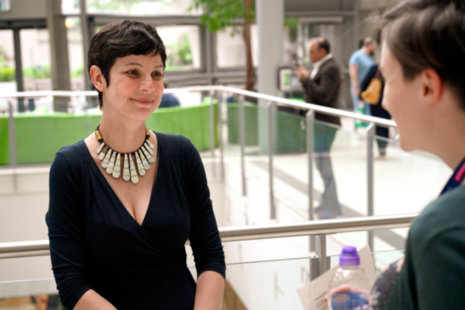 Photograph of Sue Newfield being interviewed