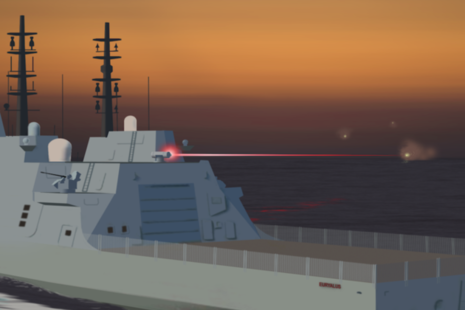 A graphic illustration of a directed energy weapon being used on a Royal Navy ship