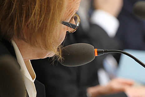 Inspector speaking into microphone