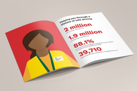Image of a double-page spread of the DVSA annual review, open on a desk