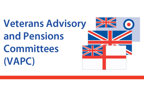 VAPC logo the words are written in blue and there are the three service flags to the left of the name.