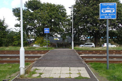 View of the crossing from the direction the pedestrian approached. The tram was travelling from right to left on the near track.