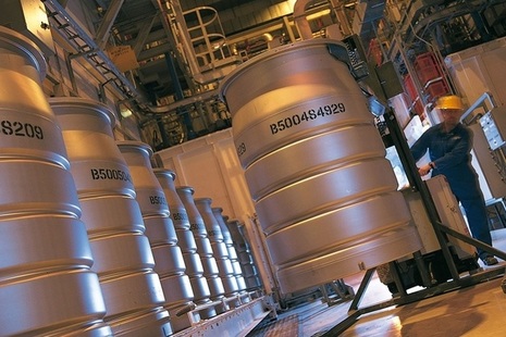 View showing stacked drums inside a waste store