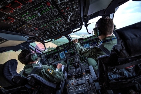 The cockpit of a Royal Air Force A400M Atlas.