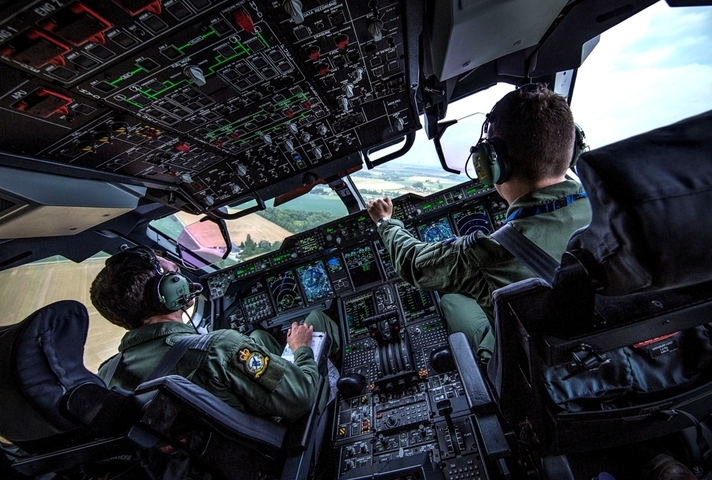 The cockpit of a Royal Air Force A400M Atlas.