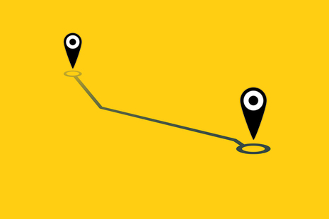 Graphic showing a map pin moving from one location to another joined by a dotted line.