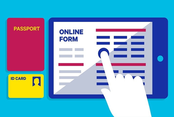 Image of an online application form, passport and ID card.