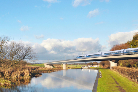 Artists impression of an HS2 train on a bridge passing over a canal with towpath and lock