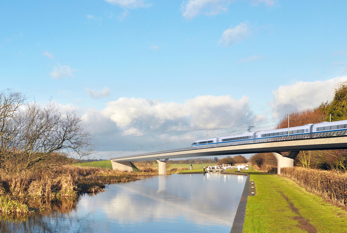 Artists impression of an HS2 train on a bridge passing over a canal with towpath and lock