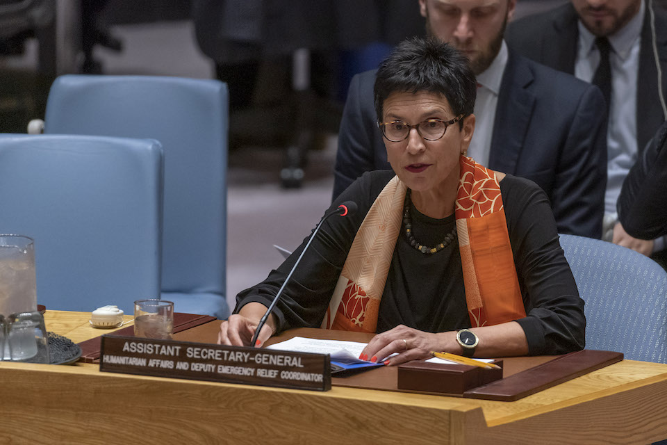 Ursula Mueller, Assistant Secretary-General for Humanitarian Affairs and Deputy Emergency Relief Coordinator, briefs the Security Council meeting on the situation in the Middle East (Syria). (UN Photo)