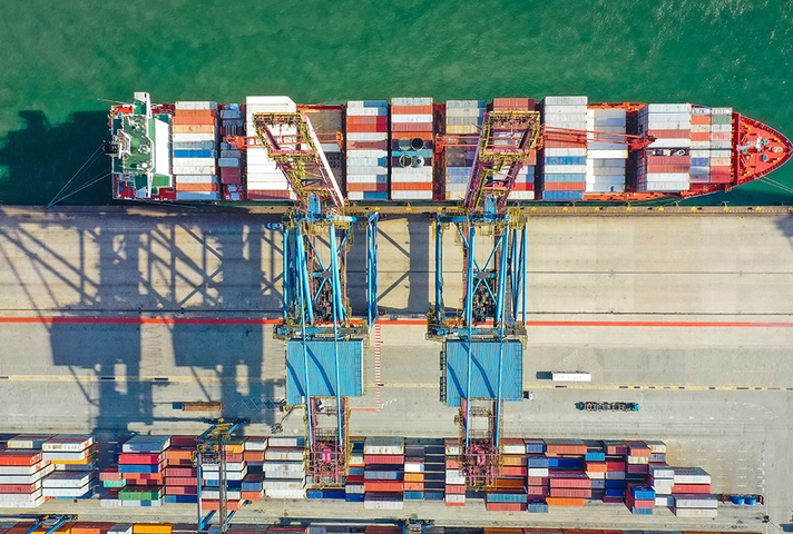 Aerial view of a container ship