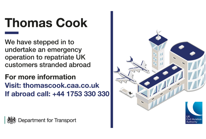 Thomas Cook Repatriation, text below title says: We have stepped in to undertake an emergency operation to repatriate UK customers stranded abroad. For more info: Visit: Thomascook.caa.co.uk and call: +44 1753330330