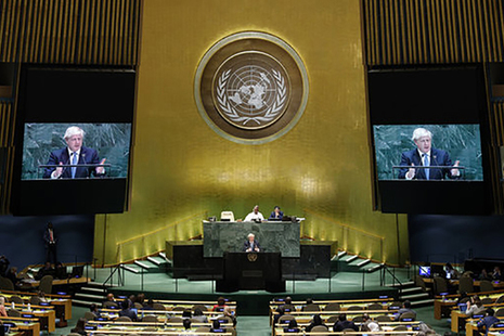 Wide shot of UN General Assembly during PM Boris Johnson's speech
