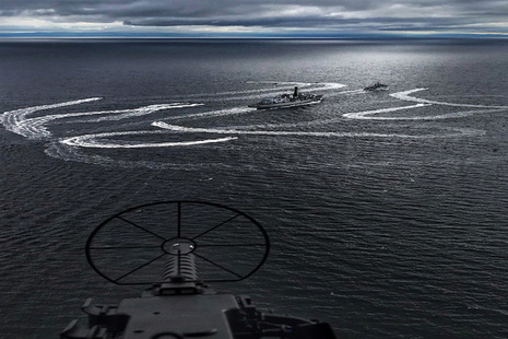 View of HMS Sutherland and HMS Hurworth manoeuvring during the opening stages of Joint Warrior