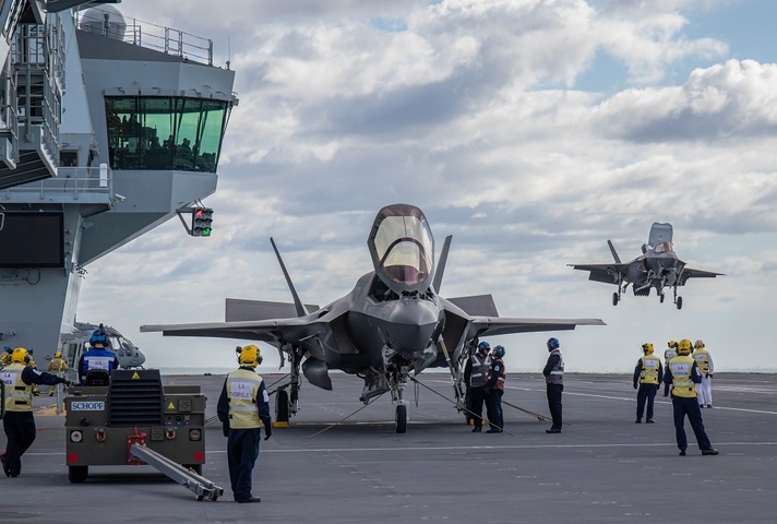 First F-35 fighter jet lands onboard HMS Queen Elizabeth.