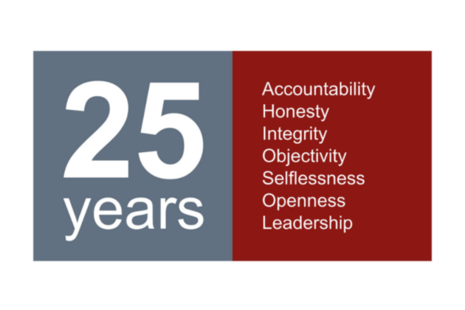 Image featuring: 25 years and listing the 7 Principles of Public Life
