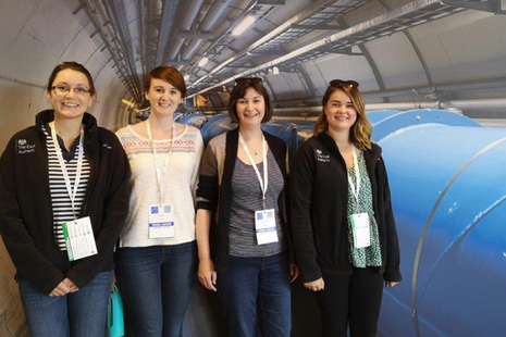 Cara Callingham, Alice Mellor, Abby Moorhouse and Megan Nicholson pictured with the Hadron Collider.