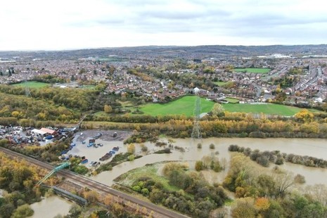 Aerial photo showing flooding at Woodhouse Washlands Nature Reserve, South Yorkshire