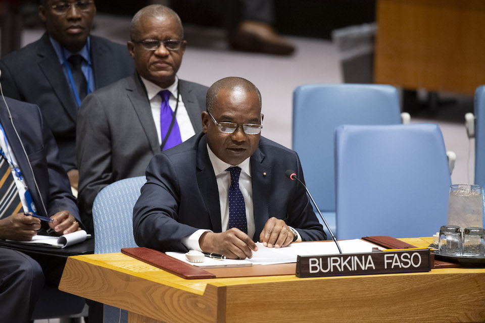 Alpha Barry, Minister for Foreign Affairs and International Cooperation of Burkina Faso, addresses the Security Council meeting on Peace and Security in Africa and the Joint Force of the Group of Five for the Sahel. (UN Photo)