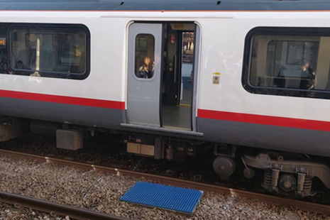 The door involved in the incident, at Hockley station (image courtesy of Tim Neobard). Note: the blue panel below the open door is not part of the train