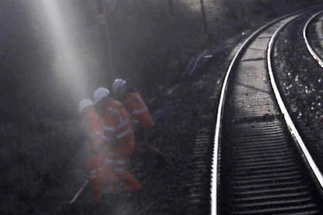 Forward facing CCTV image showing the track workers moved clear just before the train passed (Image courtesy of Virgin Trains)