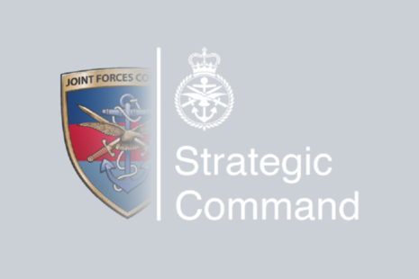 UKStratCom logo, shows half of the Joint Forces Command logo and the new UK StratCom logo to outline the organisational transition.