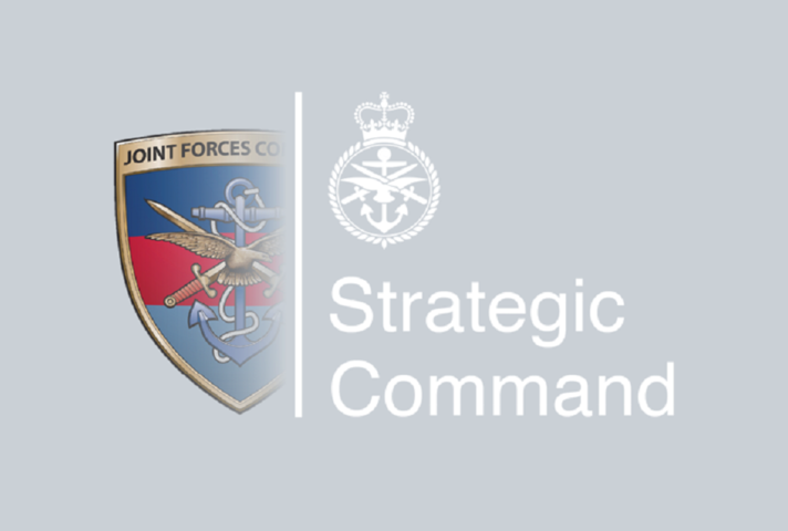 UKStratCom logo, shows half of the Joint Forces Command logo and the new UK StratCom logo to outline the organisational transition.