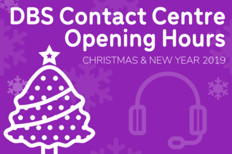 Purple graphic with white Christmas tree and headset that reads 'DBS Contact Centre Opening Hours'