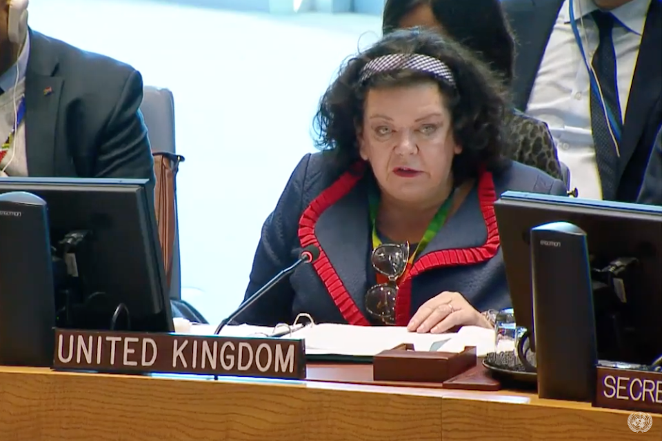 Amb. Karen Pierce at the Security Council briefing on Syria