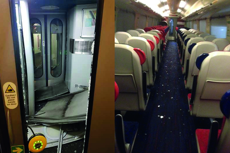 Image showing damage to the vestibule end and debris in the saloon (left image courtesy of CrossCountry, right image courtesy of Bombardier Transportation UK).